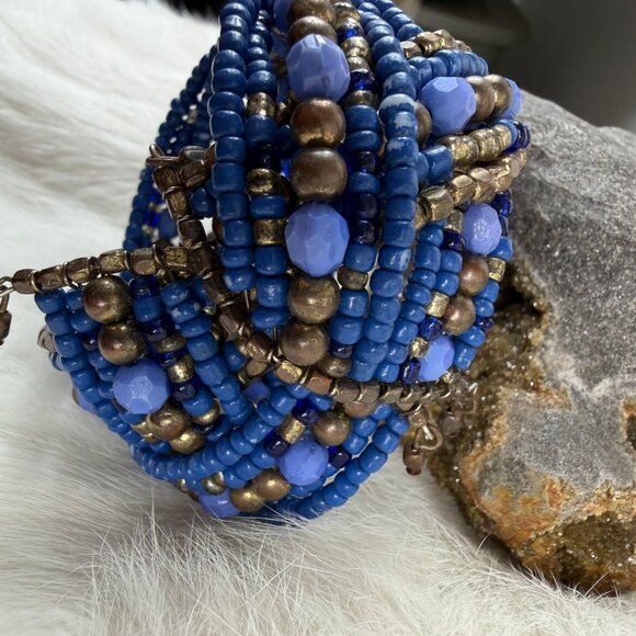 Blue Glass & Brown Bead Wrap Wide Cuff Bracelet - Picture 4 of 7